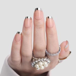 imagePolychromeampampair Press On Nails Athena  Medium Coffin Chrome Gold Foil French Tips Press On Nails  15 Sizes Glossy Sparkly False Nails  Reusable Fake Nails with Glue On Nails Kit  Salon QualityTrailblazer