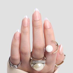 imagePolychromeampampair Press On Nails Athena  Medium Coffin Chrome Gold Foil French Tips Press On Nails  15 Sizes Glossy Sparkly False Nails  Reusable Fake Nails with Glue On Nails Kit  Salon QualityPearl Mist
