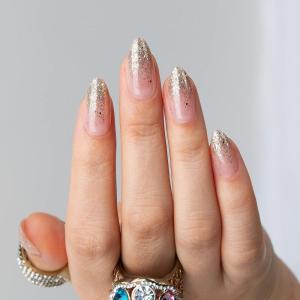 imagePolychromeampampair Press On Medium Almond ABS Fit Fake Reusable Manicure Glue On False UV Gel Cover Glossy 15Sizes 30PCSGoldPowder